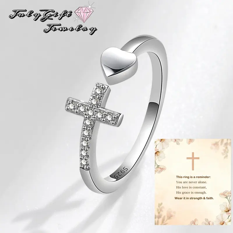 Cross Rings Adjustable Ring Inspirational Pray Cross Heart Religious Christian Faith Jewelry Gifts for Her