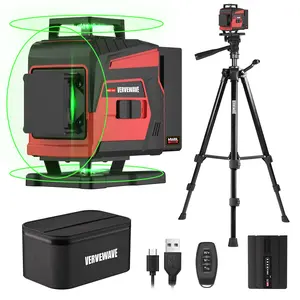 Vervewave Self-Leveling Laser Level MW316G-T with Tripod 4x360° Green Line Rechargeable Battery Remote Control Touch Operation for Picture Hanging Tiling DIY Projects Portable Bag Included