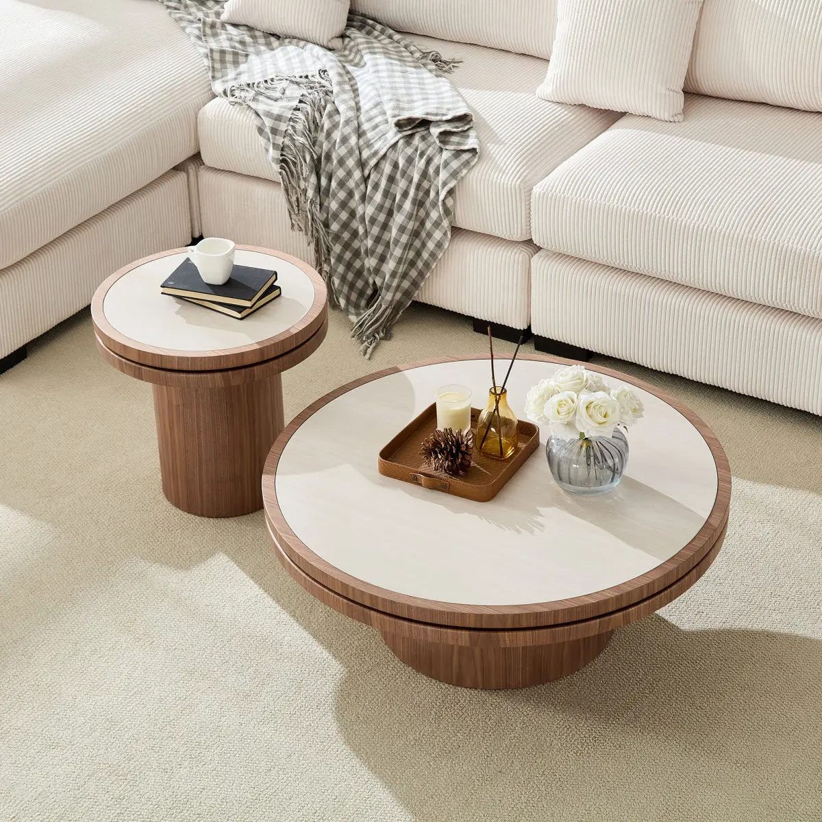 [Bellemave]  Round Coffee Table with Sintered Stone Top & Wood Grain Frame| Modern Pedestal Table for Living Room| Easy Assembly