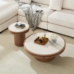 [Bellemave]  Round Coffee Table with Sintered Stone Top & Wood Grain Frame| Modern Pedestal Table for Living Room| Easy Assembly