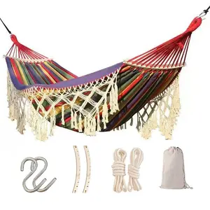 Bohemian Handmade Rope Double Hammock 200x150CM Thick 320G Beach Open Bed with Tassels & Hooks for Relaxation