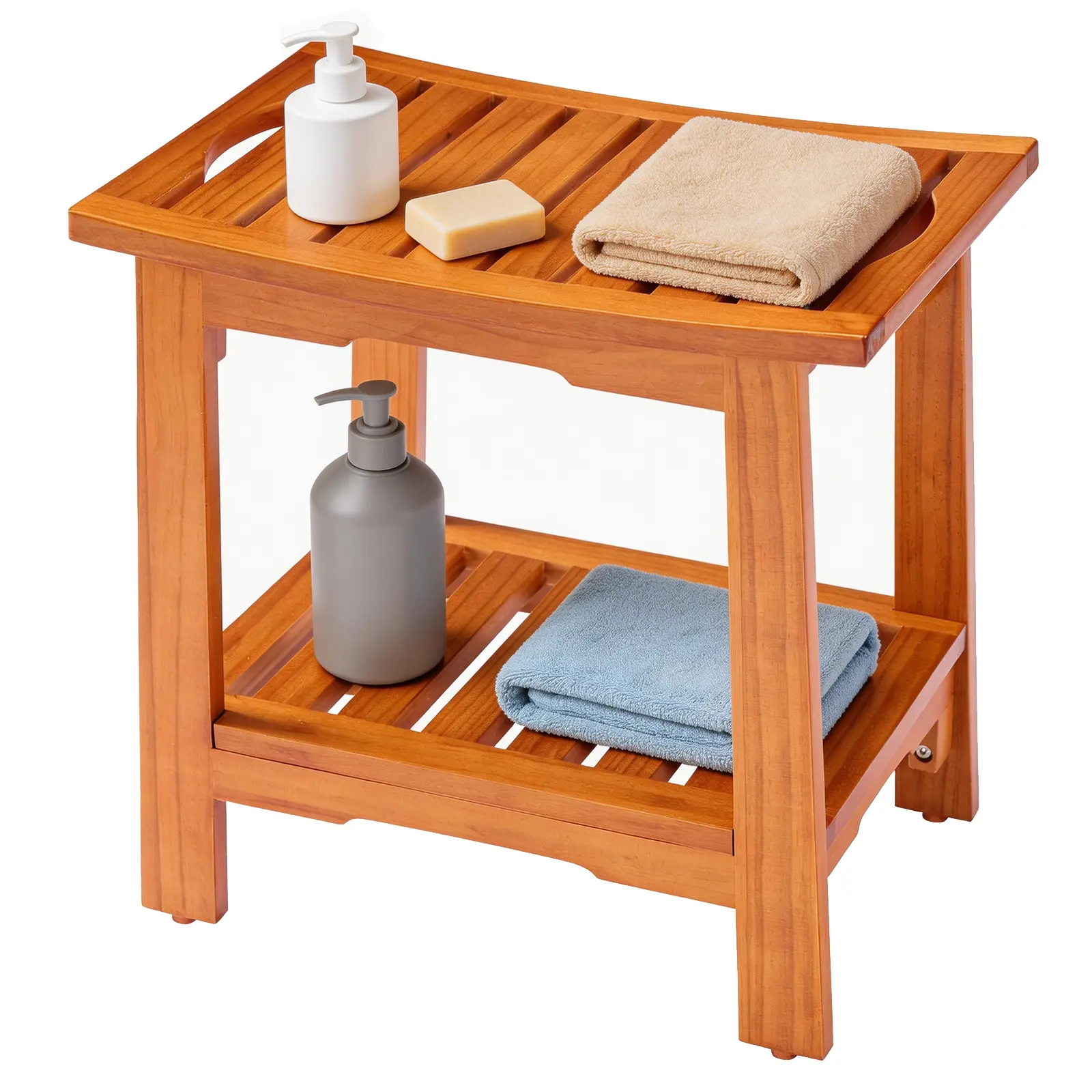 Compact Teak Shower Stool with Shelf & Handle - Waterproof, Non-Slip Bath Bench for Small Bathrooms/Tub/Outdoor Use