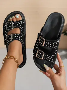Women’s Studded Double Buckle Slide Sandals, Punk Style Open Toe Slippers, Chunky Sole Comfort Casual Summer Shoes