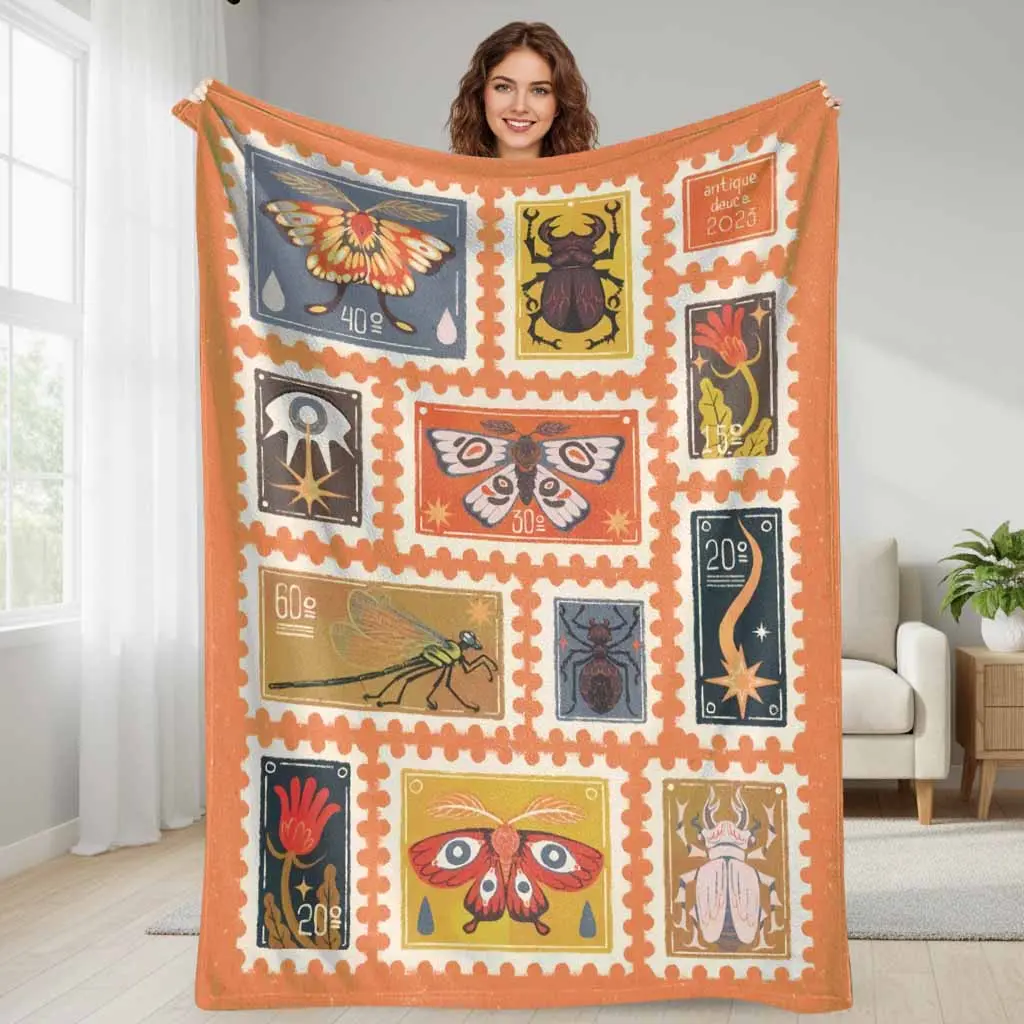 Vintage Insect Stamp Flannel Blanket Retro Moth Beetle Dragonfly Postal Print Soft Warm Lightweight Cozy Throw for Sofa Bed Reading Travel Camping Gift