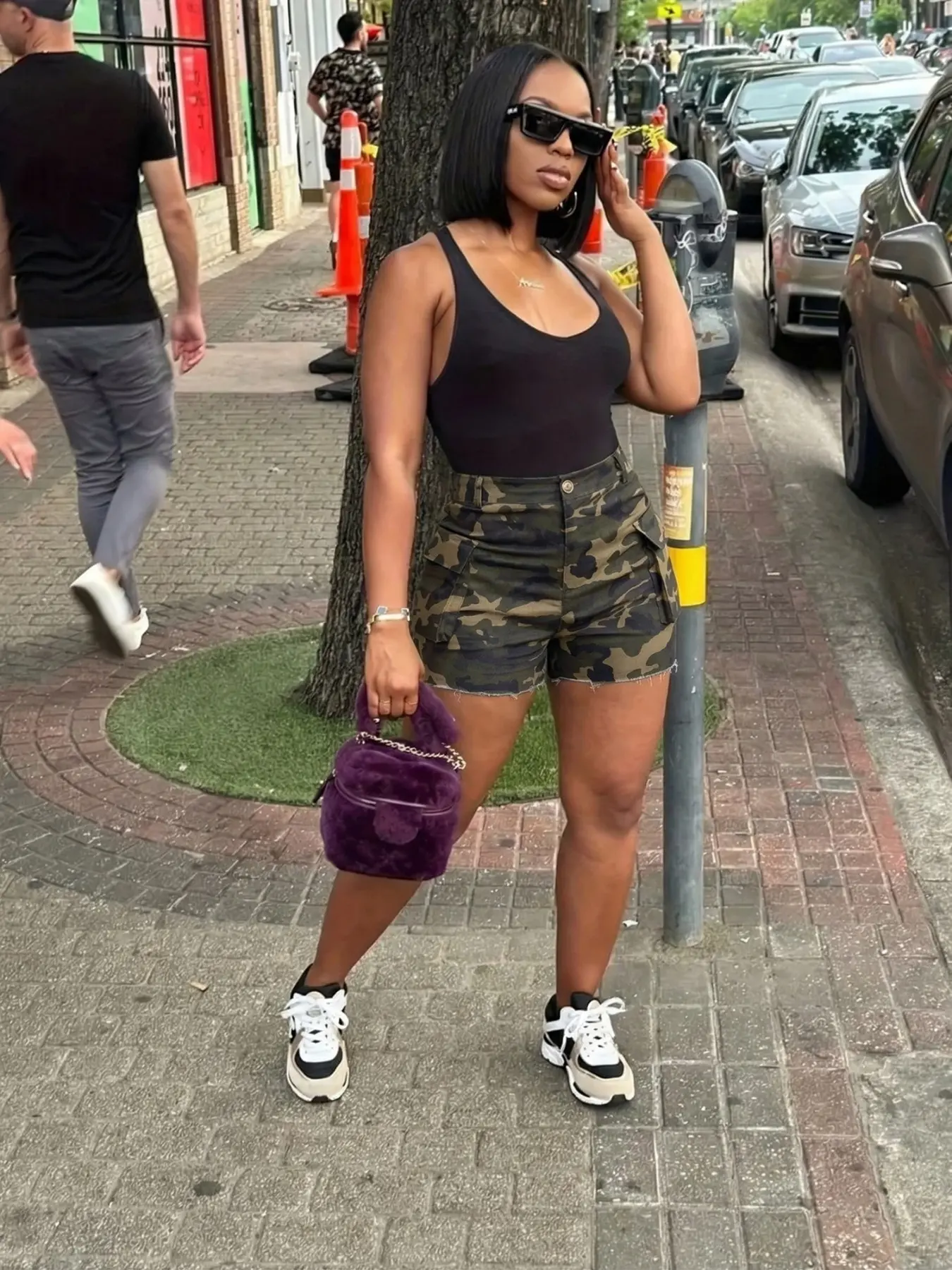 Women's Camouflage Print Moto Shorts with Pockets, Womenswear, Streetwear, Adjustable Elastic Waistband, Durable and Fashionable Bottoms for Summer, Casual Street Style