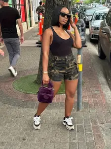 Women's Camo Print Moto Shorts, Camouflage, Elastic Waistband, 3D Pocket Design, Durable and Fashionable, Streetwear, Spring Summer Casual Street Style