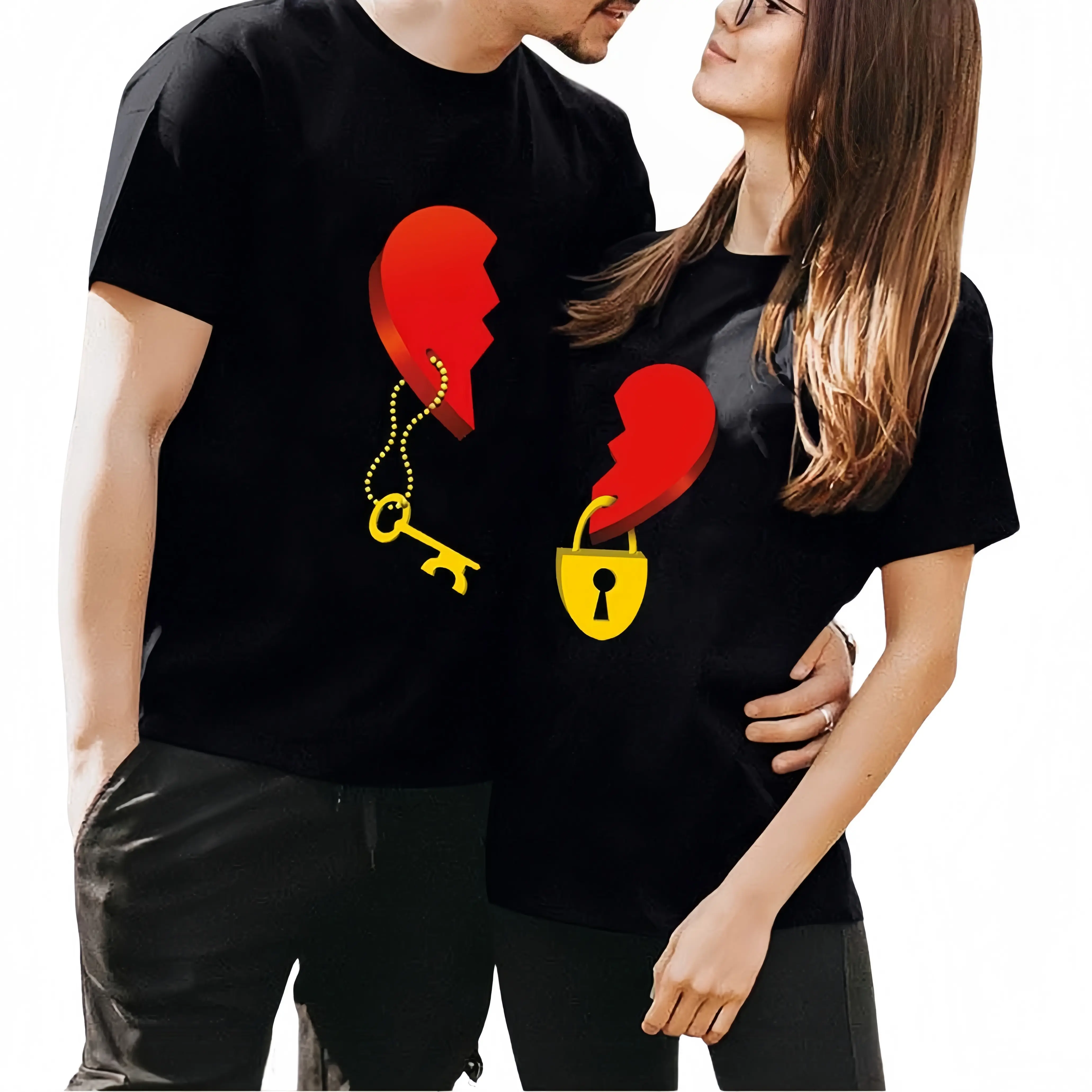 100% Cotton Lock & Key Couple T-shirt Set - Matching Heart Graphic Tees  Cotton Black T-shirt for Him & Her |   Romantic Couple Outfit T-shirt |   Valentine's Day Gift Cotton T-shirt. Casual Shortsleeve