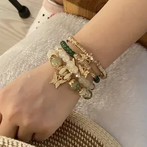 4Pcs Set Bohemian Butterfly Crystal Stone Stretch Pendant Bracelets for Women Gold Beaded Stackable Stretch Bracelet Colorful Charm Jewelry Boho Summer Beach