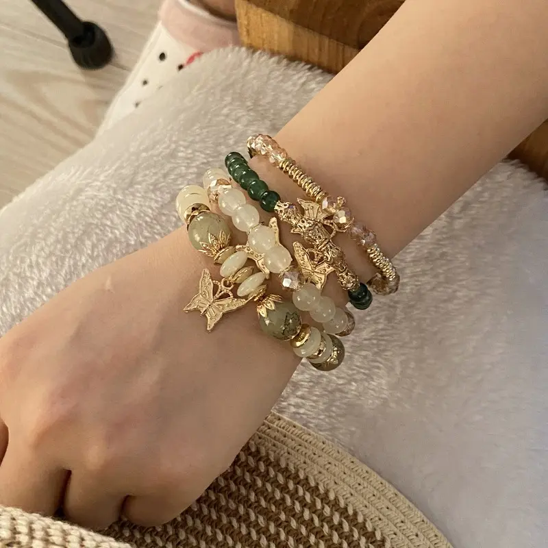 Women's 4-Piece Bohemian Style Charm Bracelets, High-Quality Gold-Beaded Elastic Rope Adjustable Fitted Bracelets & Bangles with Crystal Butterfly Pendants for Summer Beach, Gold Aesthetic Costume Jewelry, Whimsical, Retractable, Beads, Beaded Bracelets &