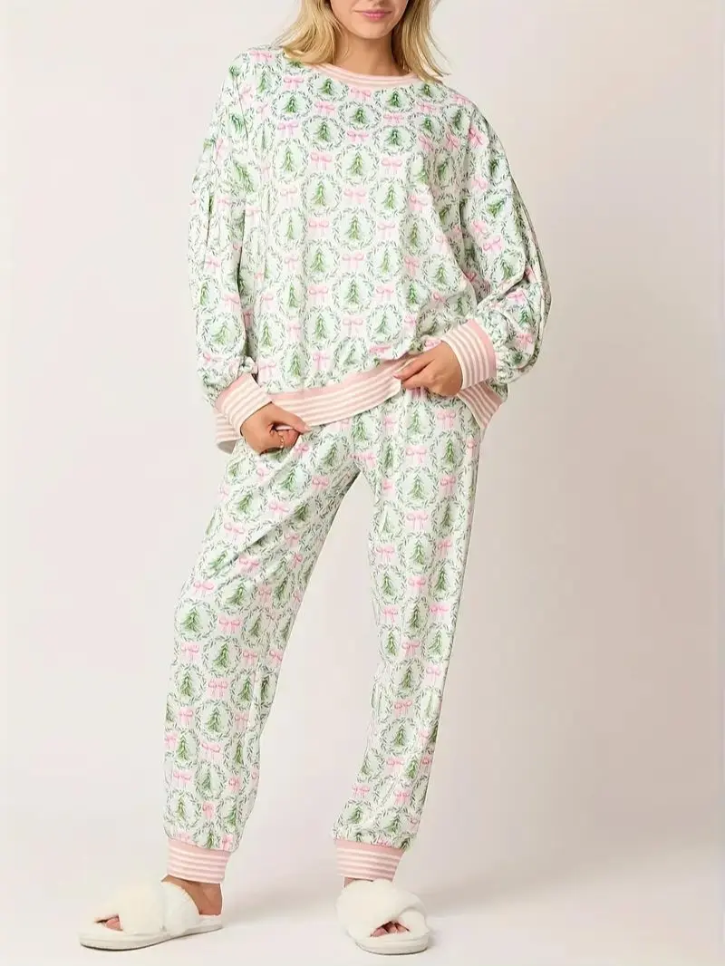 Womens Tree Bow Print Loungewear Set Two Piece Pajamas Long Sleeve Top and Jogger Pants Cozy New Year Home Outfit