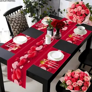 2D flat printing, 1 piece/4 pieces/6 pieces/8 pieces/5 pieces set/7 pieces set of table flags and placemats Valentine's Day set, anniversaries, weddings, atmosphere decoration, family gatherings, holiday parties, indoor and outdoor dining table decoration
