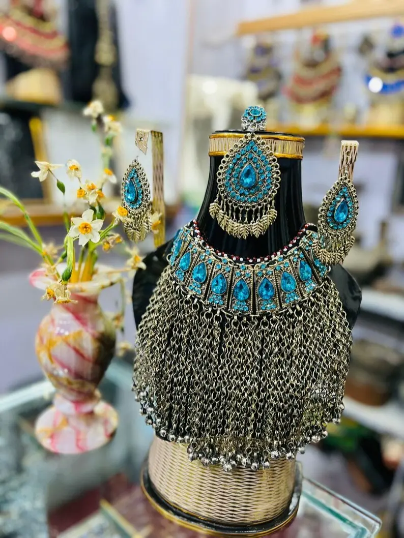 Female Tribal Afghan Kuchi 2-Piece Jewelry Set - Silver-Tone Rhinestone Choker Necklace & Hook Earrings for Weddings, Eid, Hooks