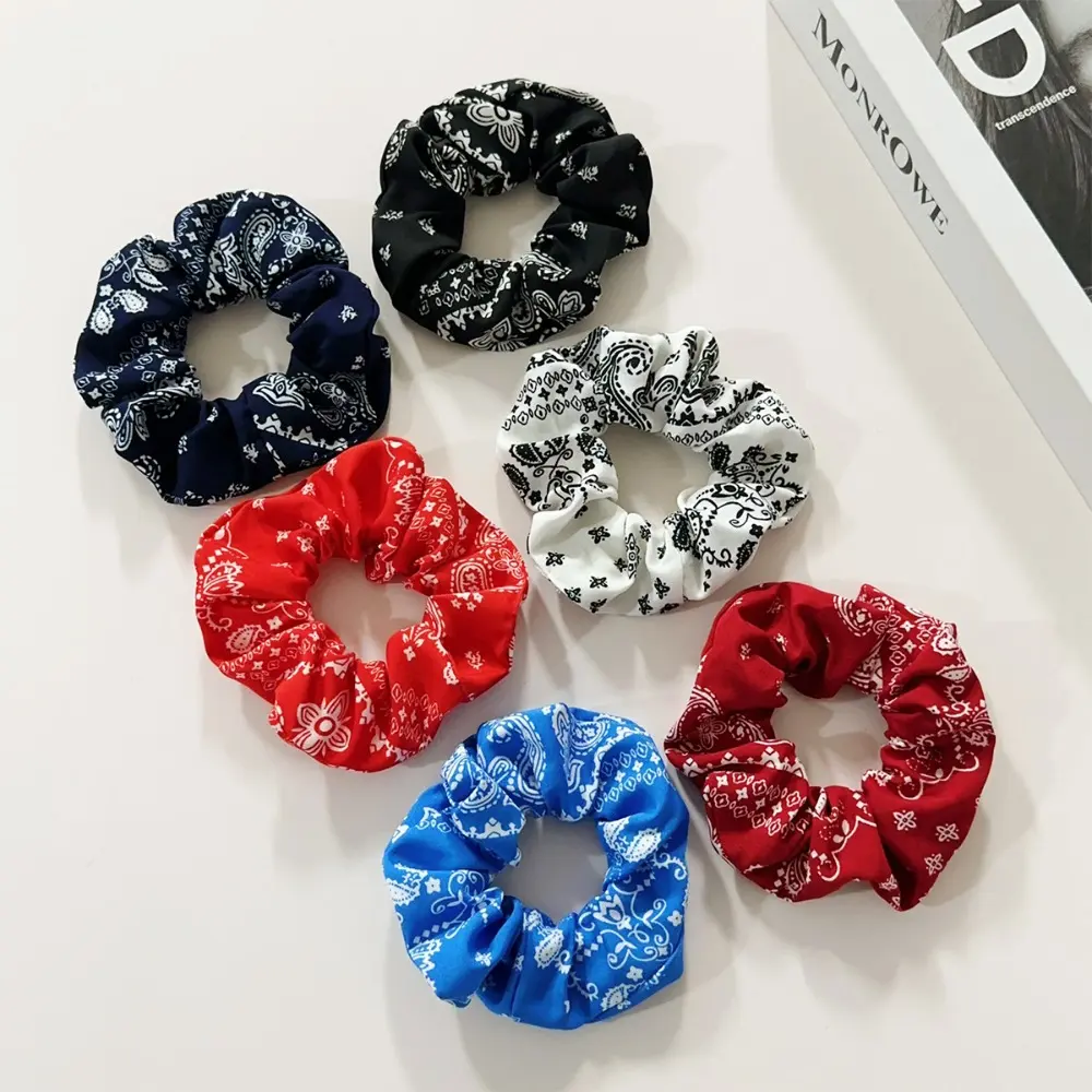 Unisex Paisley Print Bandana Motif Cotton Fiber Scrunchies - 6 Pcs Soft Stretch Elastic No-Damage Hair Elastics, Stylish All Ages Hair Accessories for Daily School or Party Wear