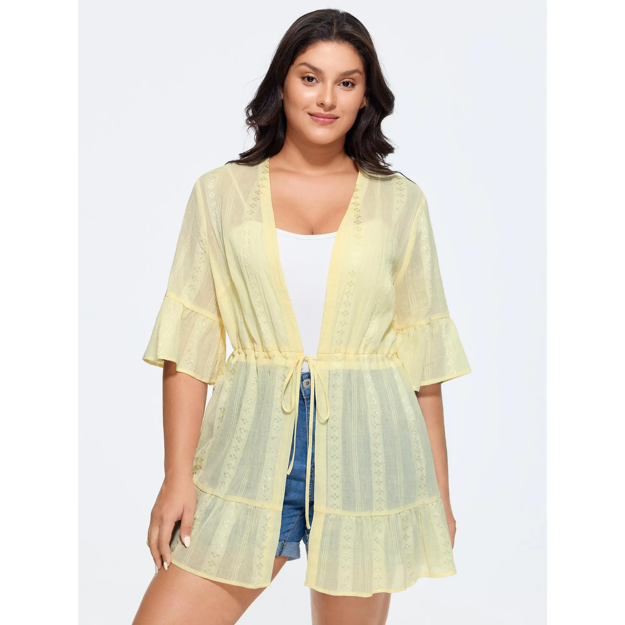 BloomChic Women's Plus Size Casual Front-Tie Top, Solid Sheer Lightweight Cover-Up with Ruched Detail in a Cotton Rayon Blend,back to school,back to school shopping, Adjustable,Back To School,Fall Pick, Spotlight Day