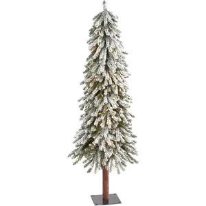 NEARLY NATURAL 5 ft. Pre-Strung Flocked Grand Slim Silhouette Artificial Christmas Tree - 200 LED Lights, 469 Bendable Branches, Natural Trunk, Metal Ornaments, Wooden Decorations, Space-Saving, With Stand