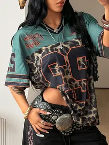 Y2K Retro Style Peregrinate 23 Leopard Print Jersey Top, Loose Fitted V-Neck Sport Tee, Hip-Hop Streetwear for All Seasons