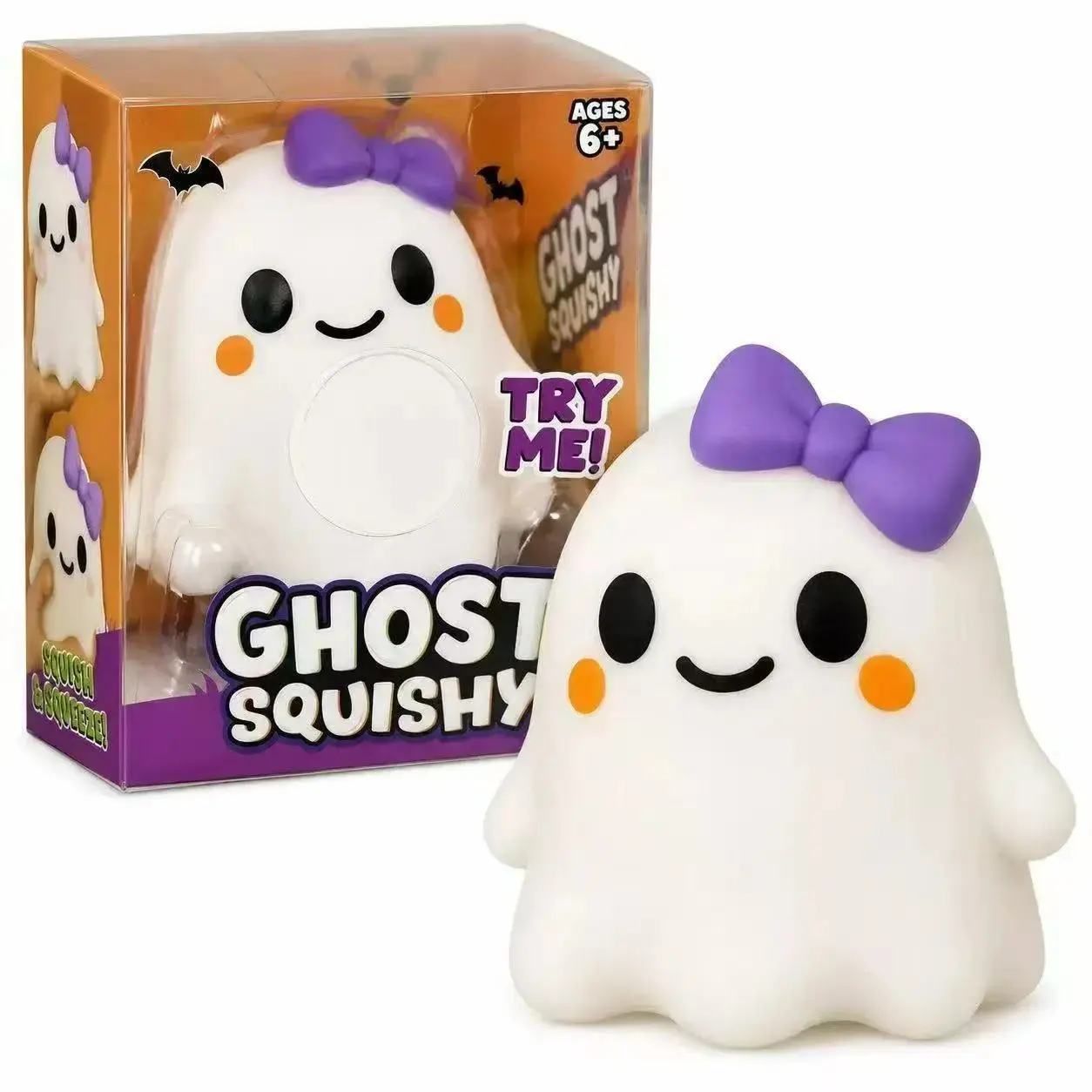 Cute Couple Ghost Squishy Toy, Soft TPR Slow Rebound Squeeze Fidget Toy with Purple Bow Design, Kawaii White Ghost Stress Relief Sensory Toy, Halloween Party Favor Goodie Bag Fillers Couple Gift for Kids & Adults