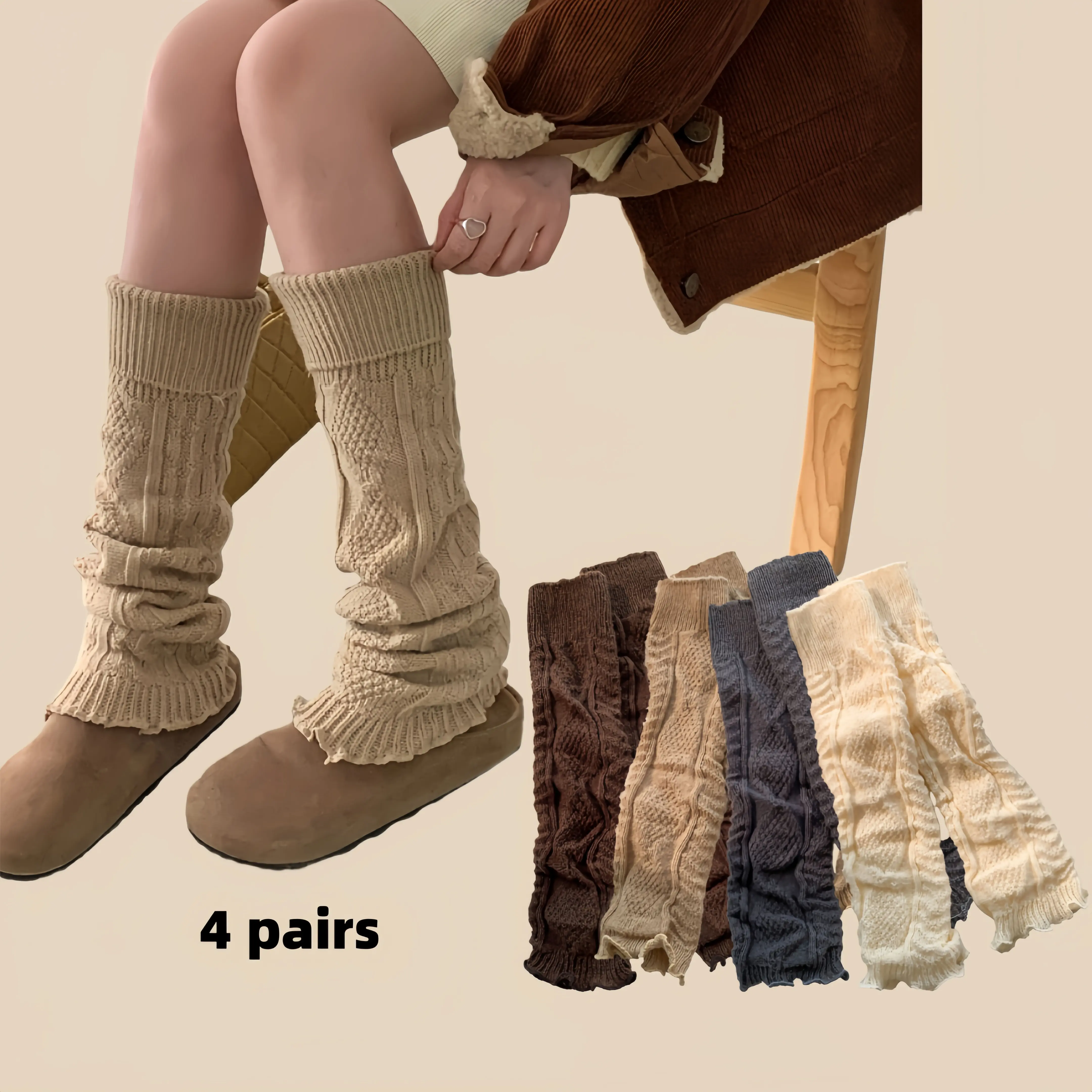 Women's Fashion Knitted Crochet Long Boot Socks Set (4 Pairs) - Cable Knit Charm, Elegant Cable Pattern Elevates Basics, Minimalist Stitch Leg Warmers for Fall Winter Womenswear, Lady