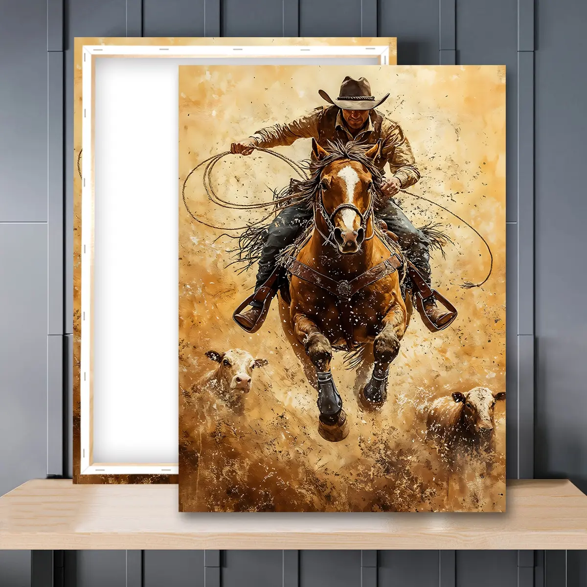 1pc Wooden Framed, Cowboy Roping Cattle Canvas Poster, Western Wall Art Print Poster, Rustic Art Painting, Wild West Horse Art, Art Work For Wall Decor, Ideal For Bedroom, Living Room, Home Decoration, Perfect Gift Idea, Canvas Prints