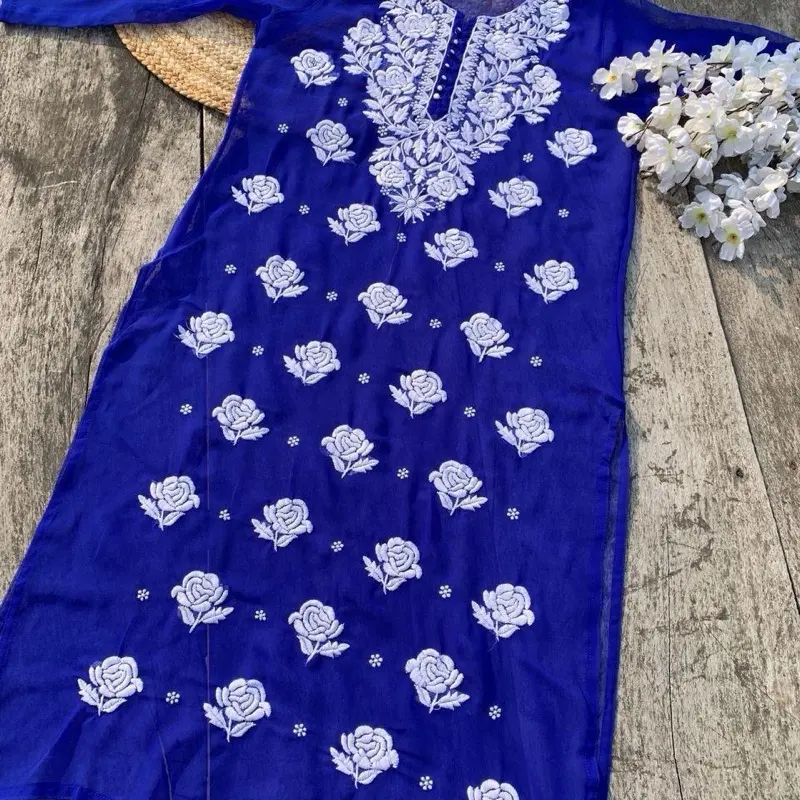 Women's Royal Blue Chikankari Kurti with Pants, Featuring White Floral Design and Lace Detail, Ideal for Womenswear - Clothes