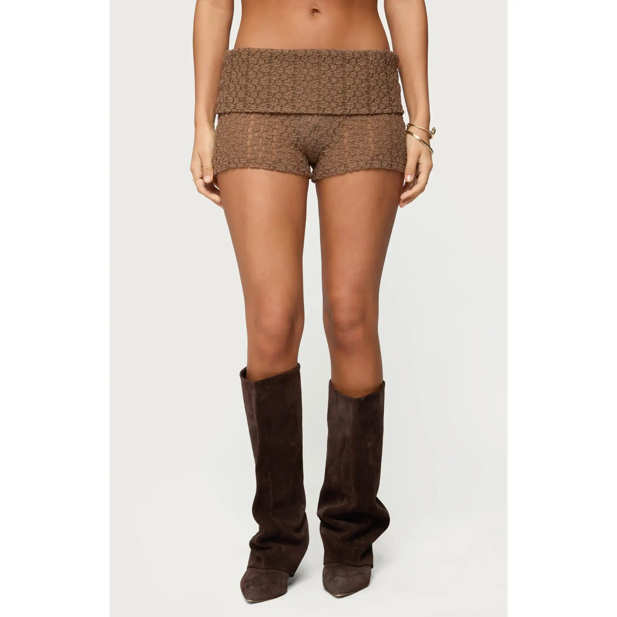 Edikted Women's Rye Sheer Textured Fold Over Shorts