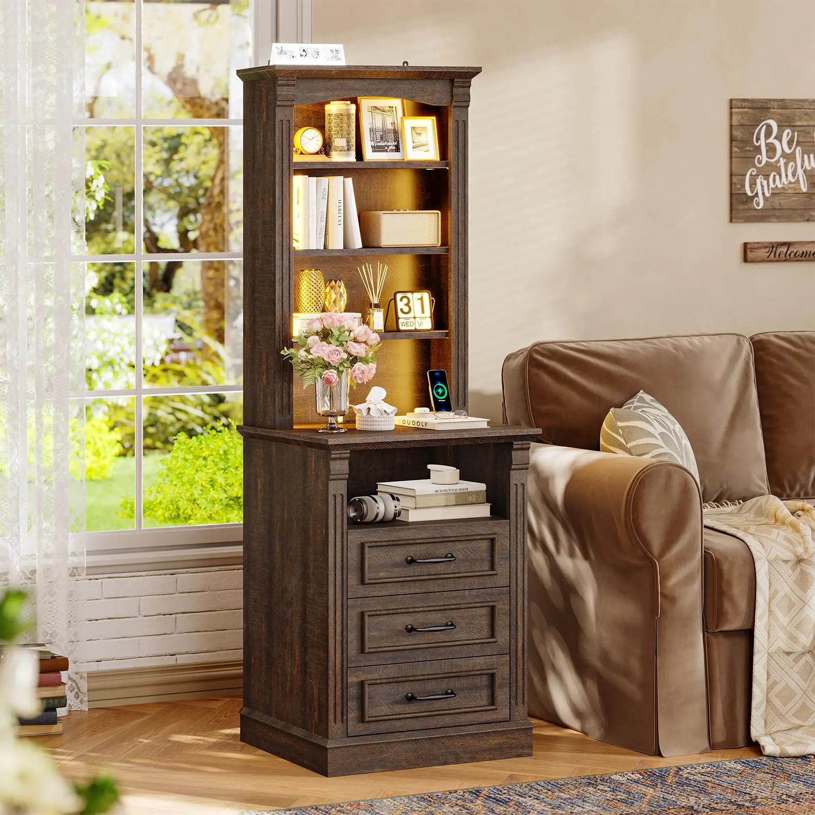 61" Tall Nightstand with Charging Station & LED Lights, Bedside Table with 3 Drawers and 3 Adjustable Shelves, Roman Column, Farmhouse End Table for Bedroom, Living Room, Walnut