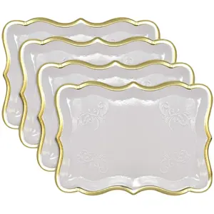 10pcs 9" x 13" Elegant White And Gold Rim Disposable Serving Trays White Rectangle Dioposable Paper Plates With Gold Rim Border For Dessert Display Table Parties Disposable Paper Cardboard In Elegant Shape For Platters Cupcake Display Birthday Party Weddi