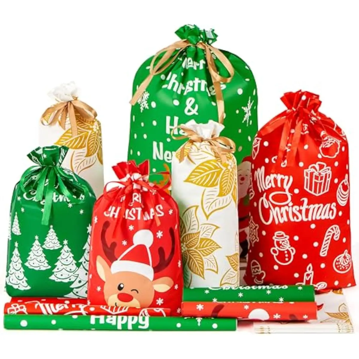 JOYIN 36 PCS Christmas Drawstrings Gift Bags Assorted Sizes, Xmas Foil Reusable Wrapping Gift Plastic Bag (Large Medium Small) for Christmas Holiday Party Decorations