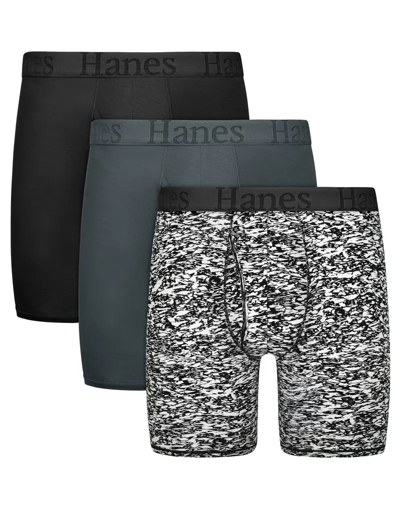 Hanes Originals Men's SuperSoft Boxer Brief Underwear, Viscose from Bamboo, Black/Grey/Print, 3-Pack