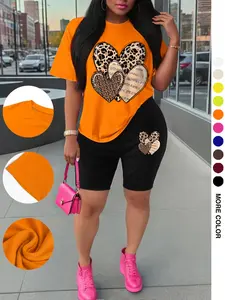 Women's Two-Piece Set   Graphic Print Heart  Short Sleeve Round Neck Top    Printed Tight Shorts  Perfect for Commuting   Daily Wear   Outdoor Activities