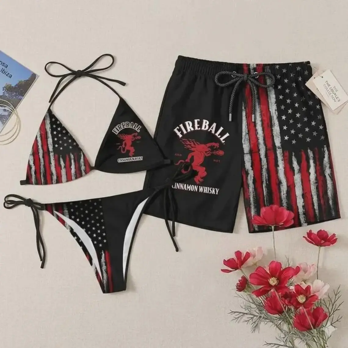 Fireball American Flag Matching Bikini & Men's Swim Shorts, His and Hers 4th of July Swimsuit Set
