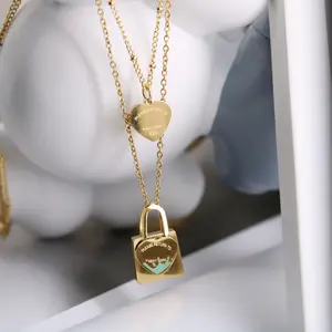 T's  Blue Oil Dripping Lock Heart Double-Layer Necklace Female 18K Gold Sweet Style Clavicle Chain