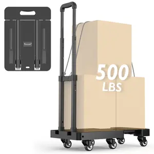 TOOLIOM 500lbs Heavy Duty Folding Hand Truck | 6-Wheel Portable Foldable Dolly with Extendable Base | Collapsible Luggage Cart for Travel, Moving, & Office | Includes 2 Elastic Ropes