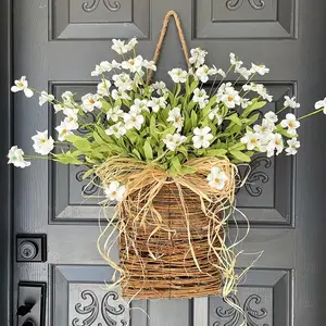 Cream-colored hydrangea wreath - Spring front door decoration, featuring a woven basket and a coarse linen bow, suitable for rural porch decoration, applicable for weddings, Easter and all-year-round home decoration