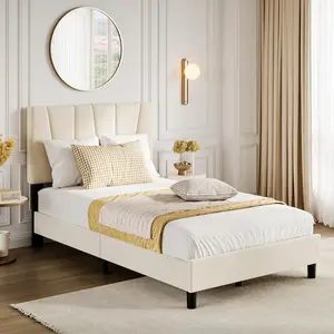Beige Linen Upholstered Full Platform Bed Frame with Adjustable Diagonal Channel Tufted Headboard, Strong Wooden Slat Mattress Foundation, Optional Box Spring, Adjustable Headboard