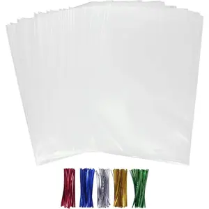 50 Pack Cellophane Bags - Clear Plastic  Bags 6x9 with Ties for Packaging Cookies, Pretzels, Sandwiches, Candies & Chocolates