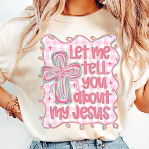 Brushstroke Let Me Tell You About My Jesus Girly Christian T-shirt, Christian Coquette Cross Graphic Tee, Preppy Bible Verse Religious Bow Gifts