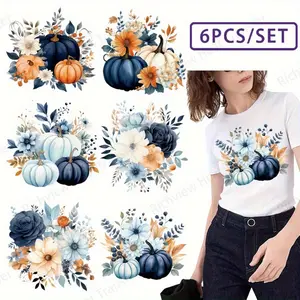 6pcs/set Autumn Pumpkin Harvest Iron-On Patches - 3D Printed Fall Floral Design, Vinyl Heat Transfer Stickers for DIY T-Shirts, Jackets, Bags - Washable & Durable Seasonal Decor, DIY Clothing Decoration, Diy Flower Decor