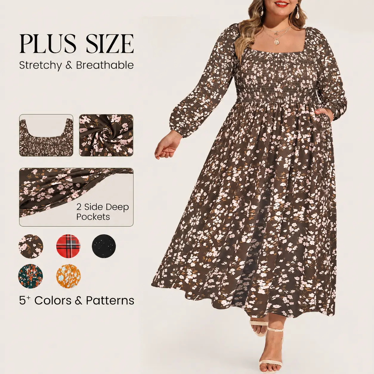 RITERA Plus Size Dresses for Curvy Women Square Neck Fall Long Sleeve Floral Smocked Maxi Dress with Pocket XL-5XL Casual Womenswear