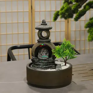 Tankana Zen Tower Indoor/Outdoor Tabletop Fountain 11.7 Inches Tall with Crystal Ball Tree LED Lights & Water Pump for Holiday Decoration Living Room Afternoon Tea Resin