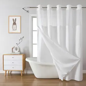 White No Hook Waffle Weave Shower Curtain with snap-in Liner Replacement, 230GSM Waterproof Fabric Shower Curtain Set For Bathroom, Through Mesh Top Window,71Wx74H