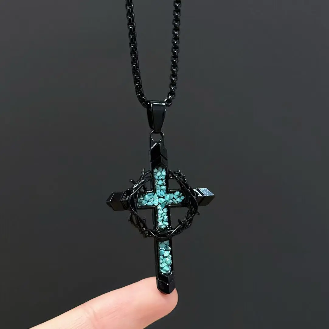 Turquoise Cross Pendant Necklace for Men & Women, Thorn Crown Cross Jewelry, Christian Faith Necklace, Religious Gift for Christmas Birthday