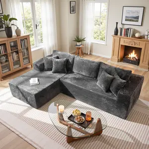 Gray 105" L-Shaped Modular Sectional Sofa with Chaise Lounge - Memory Foam Cushions & Deep Seat, Modern Minimalist Corduroy Upholstery, No Assembly Required for Living Room, Sofa Chair, Comfortable Seating, Contemporary