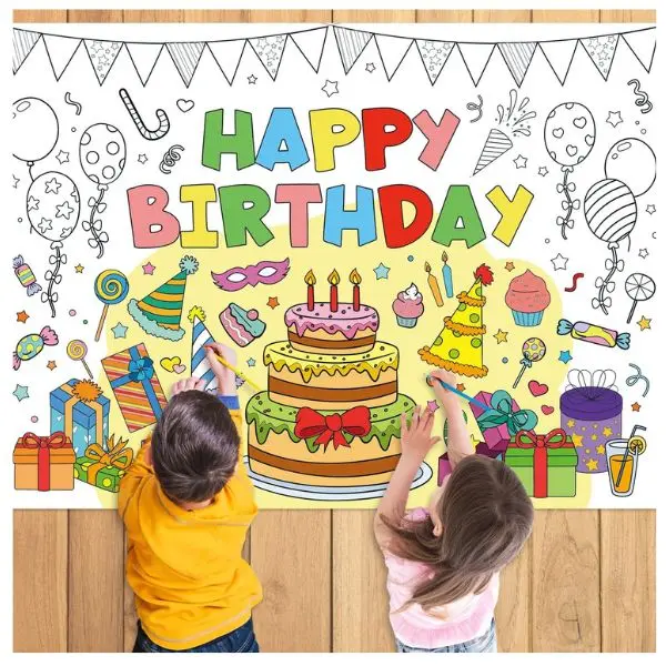 Birthday Gift for Kids – Giant Happy Birthday Coloring Poster with Picture Space, Large Coloring Tablecloth, Party Activity Banner, 43.3 x 31.5 Inch