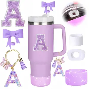 6pcs Purple Stanley Cup Accessories Set,Bow Straw Cover for Stanley Cup 30oz 40oz, Including Straw Topper,Spill Proof Stopper,Sparkly Silicone Boot Set,Handle Charm,Initials Sticker (A)
