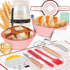 Complete Sourdough Starter Kit with 35oz Glass Jar – 15-Piece Bread Baking Set with Silicone Proofing Baskets, Baking Mats, Dough Tools (Pink / Green)
