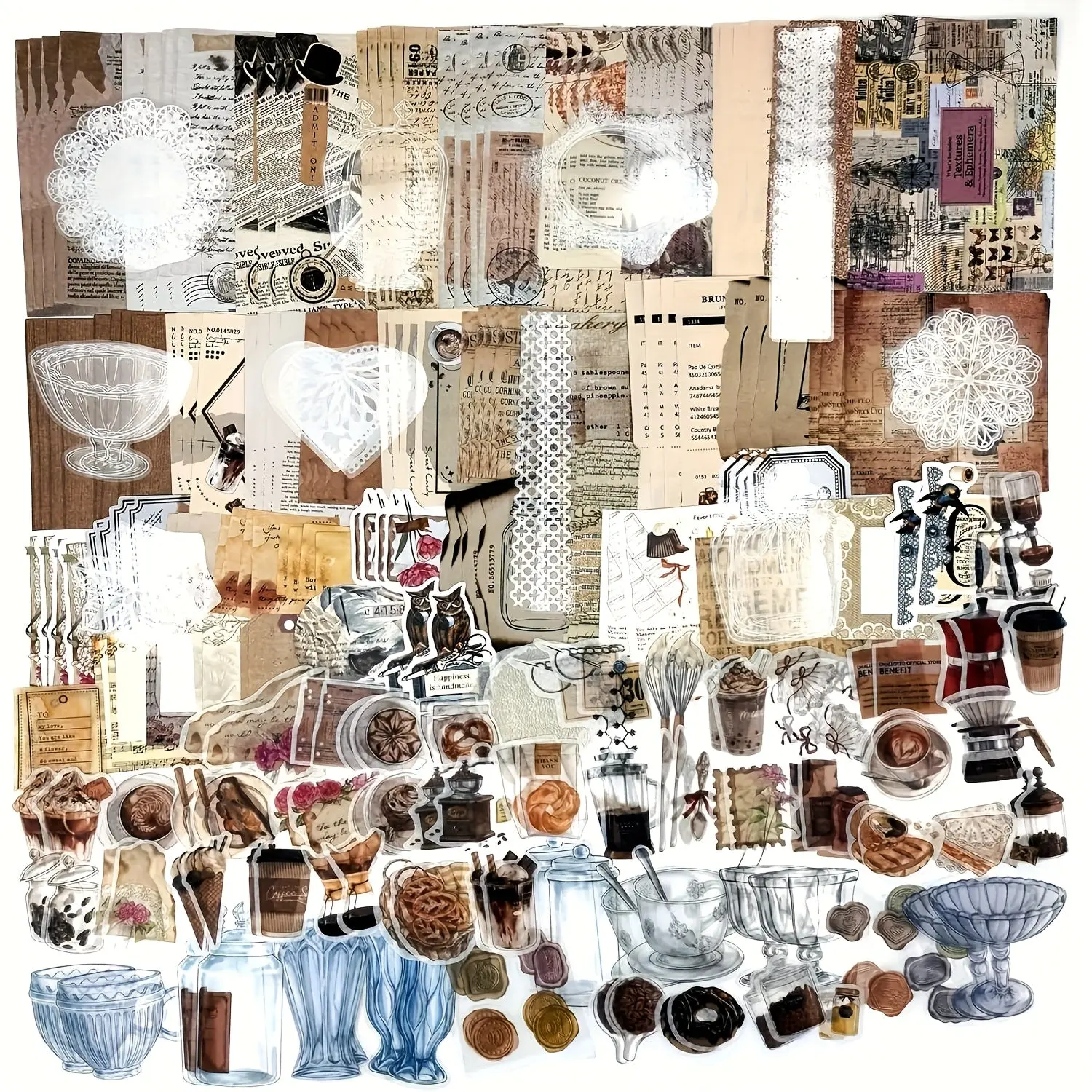 260PCS Vintage Coffee & Bread Theme Sticker Sheets & Scrapbooking Paper Set - Office Stationery Art Supplies, Cute Aesthetic Hand-Drawn DIY Decorative Junk Journal Kit Ephemera Kit for Planners (Includes Sticker), Diy Decorative Stickers