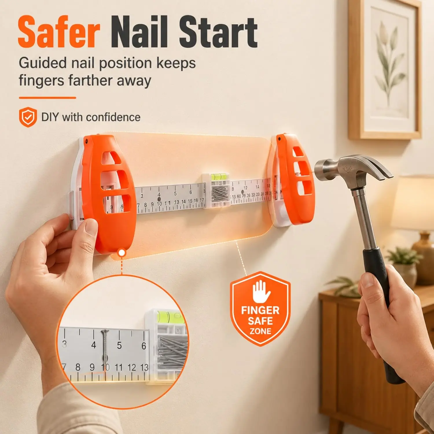 3-in-1 picture hanging tool featuring a magnetic nail holder and a built-in level; hang picture frames, mirrors, and wall decor without a hammer—includes 20 flat-head nails.