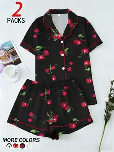 2 Piece Set, Women's Loose-Fitting V Neck Cardigan Sleepwear + Short Casual Pants, All over Cherry Print, Comfortable Fabric for Cozy Sleep, Loungewear Pajama Set