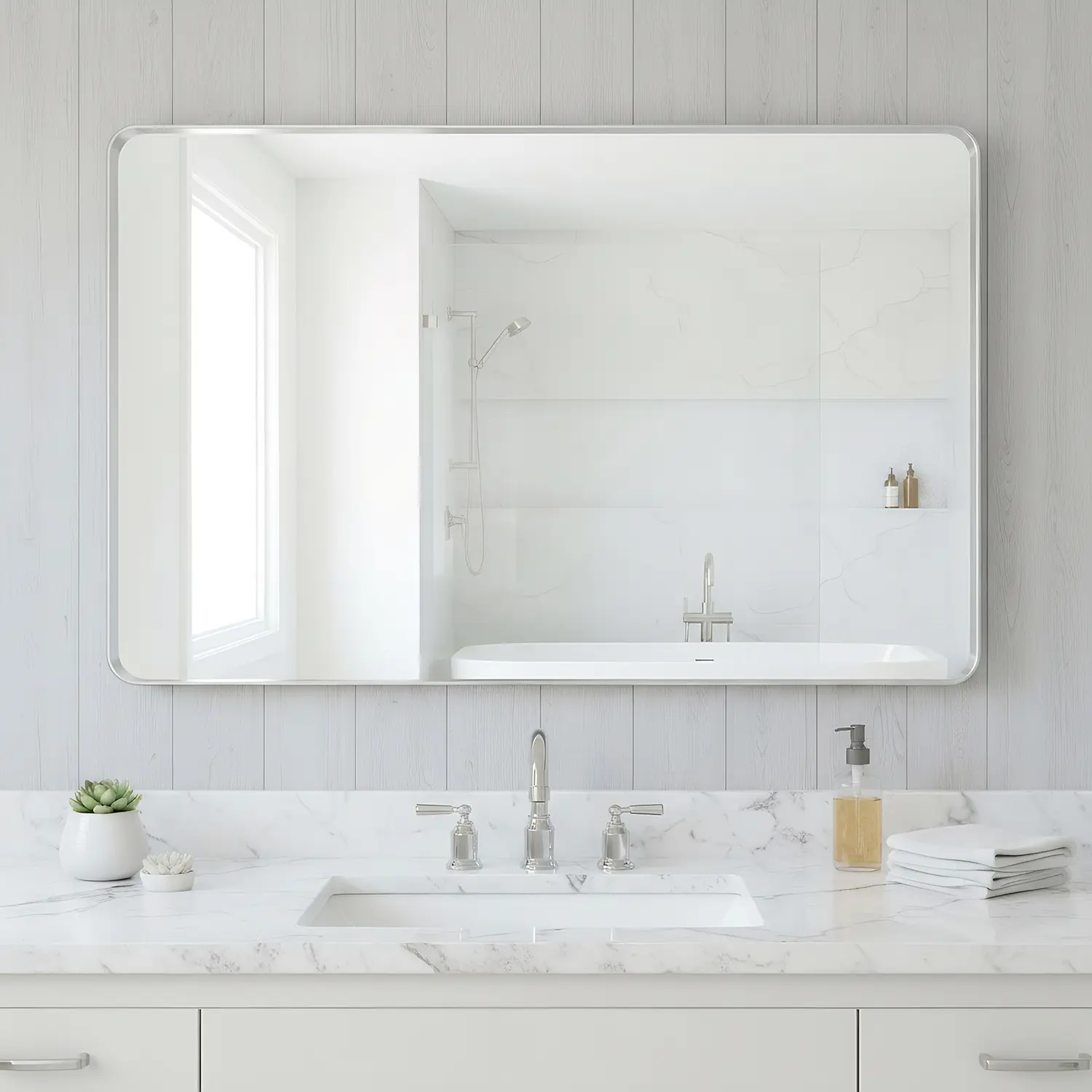Spaco 32x24 in Rectangle Full-View Aesthetic Glass Wall-Mounted Mirror - Tempered Safety Glass, Silver Metal Frame, Rounded Corners, Anti-Silvering, Modern Home Decor for Bathroom, Living Room, Full-View Wall-Mounted Mirrors, Aesthetic Wall-Mounted Mirror